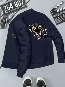 Tiger Print Street Style Baseball Jacket, Long Sleeve Fitted Outerwear, Geometric Pattern, Casual All-Seasons Commuter Top