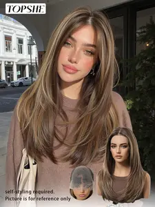 13x6 Lace Front 18 Inch Wig, Heat Resistant Synthetic Hair, Dark Brown with Blonde Highlights Layered Straight Long Wig, Natural Daily Style, Breathable & Easy to Wear, Versatile for Daily Commute, Beginner-Friendly