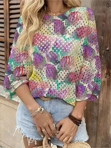 Spring & summer Bohemian knit top, round neck, hollow-out batwing sleeves, loose fit. Contrast floral print, lightweight. Perfect for daily, commute, vacation & beach bikini cover-up.