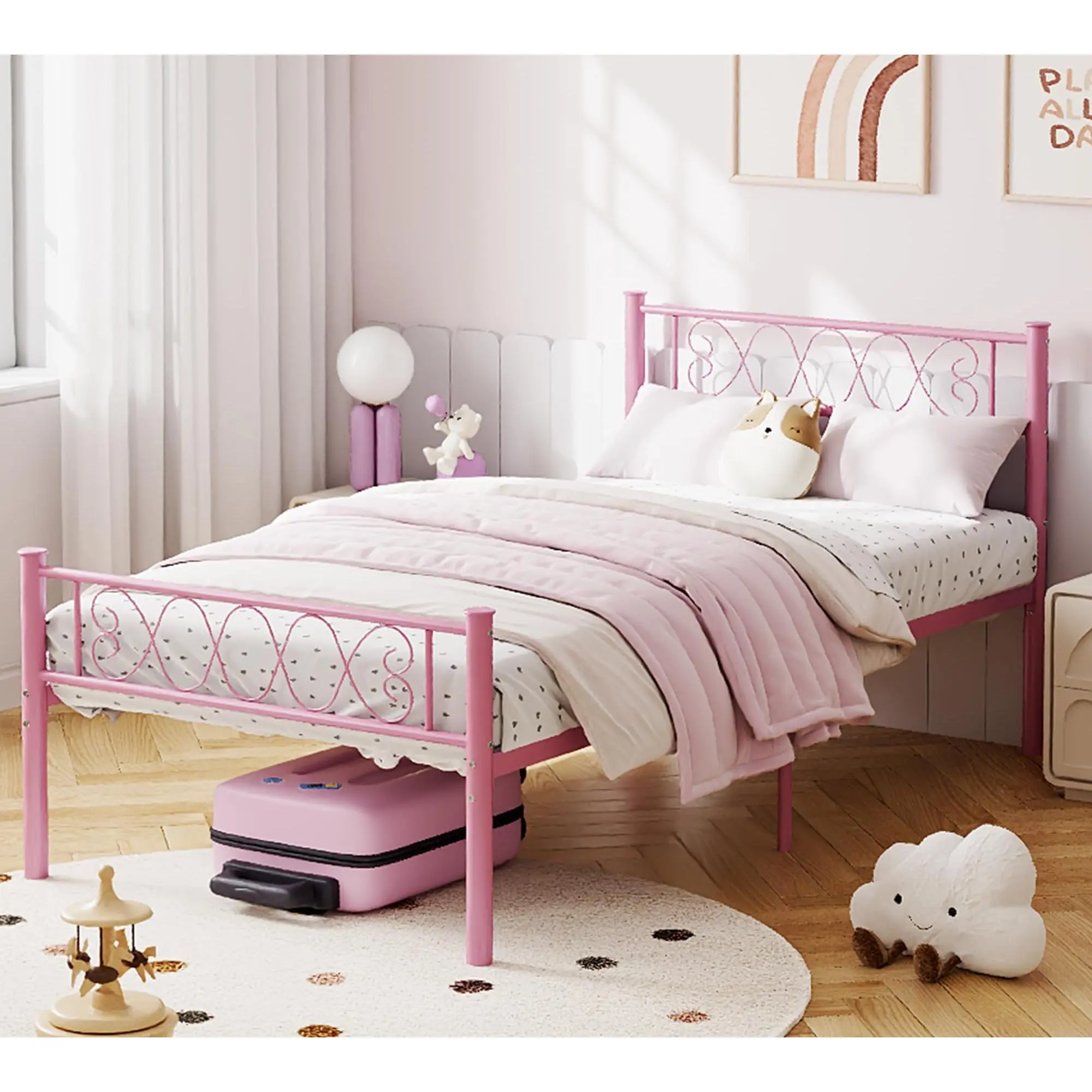 Garvee Twin XL Metal Bed Frame Heart Iron Headboard Footboard | Reinforced thick metal slat support, box spring free structure, fast tool-free assembly, stable noise-free sleep frame