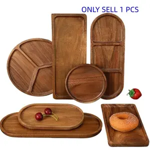 Rustic Aesthetic Wooden Decorative Tray Set, 1 Piece 11.4 Inch & 7.4 Inch Acacia Wood Trays, Vintage Round Coffee Table Organizer for Living Room, Home Decor, Home Organization