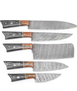 New Handmade Damascus Steel Fish Style Knives Set Of 5pcs With Leather Cover, Kitchen Knives Set, Fish Style Wooden Handle,Chef Knives Set, Chef Knives, Knives Holder Bag Blade