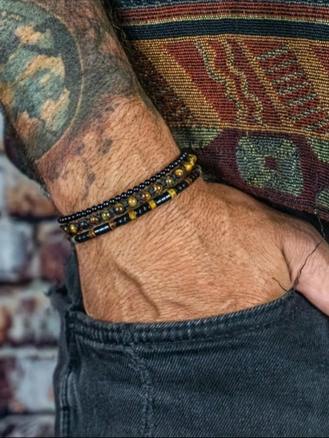 Men's Adjustable Tiger Eye & Black Gallstone Beaded Bracelet - Stylish Casual Jewelry with Natural Round Beads for Casual Attire, Tiger Eye Jewelry, Stackable Bracelets, Exquisite Trendy Bracelet