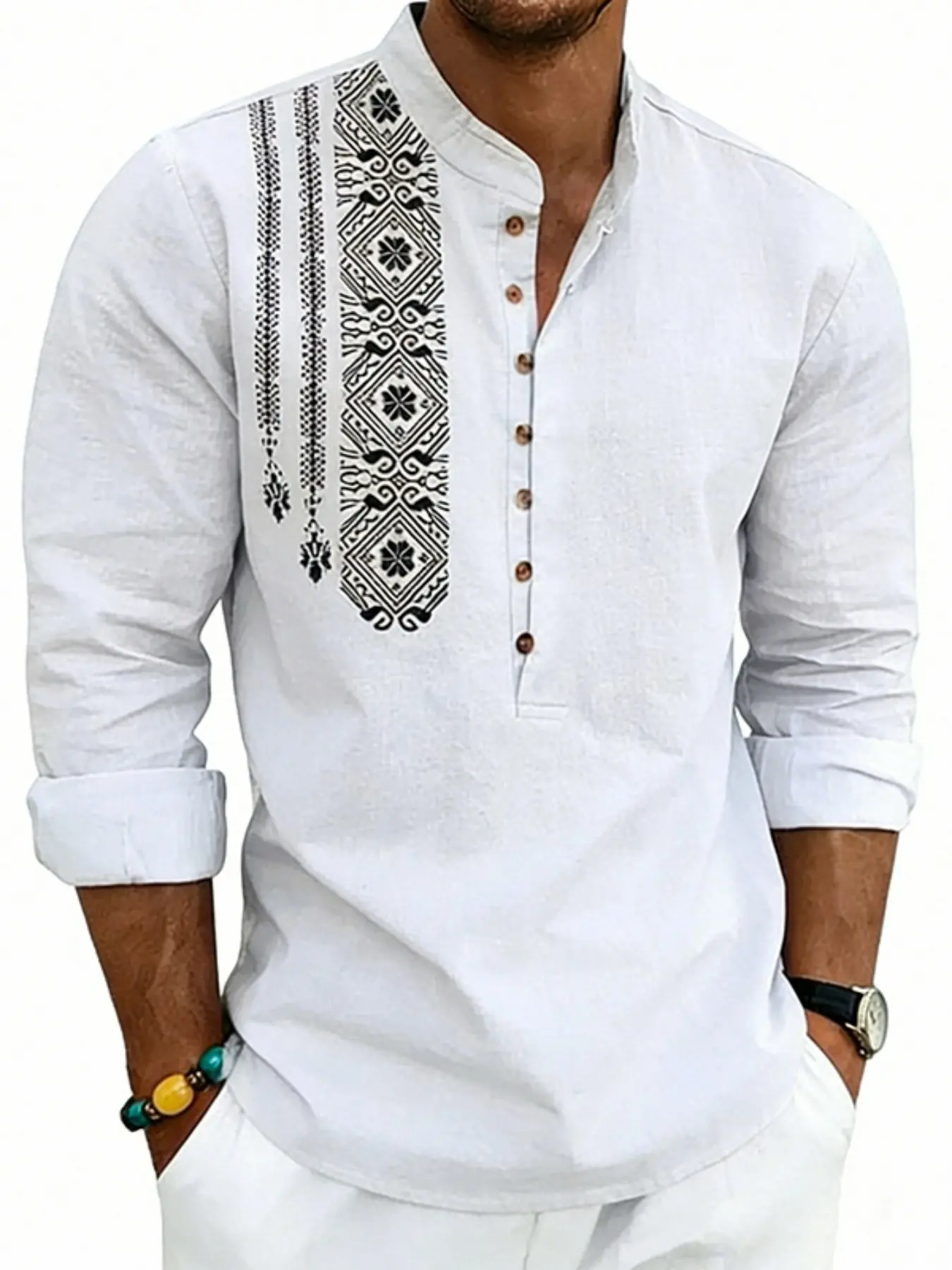 Men's Linen Print Henry Shirt, Long Sleeve Mandarin Collar Casual Top, Ethnic Style Stylish Linen Blouse, Boho Summer Vacation (multiple Colors)