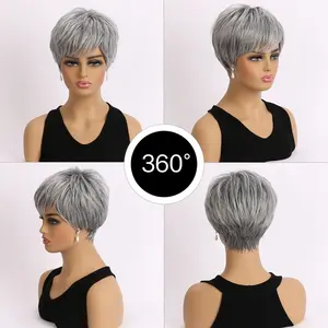 Grey Pixie Cut Hair Wig with Bangs for Daily Wear Short Human Hair Glueless Layered Wavy Texture Full Machine Made Natural Look Ideal for Party Cosplay