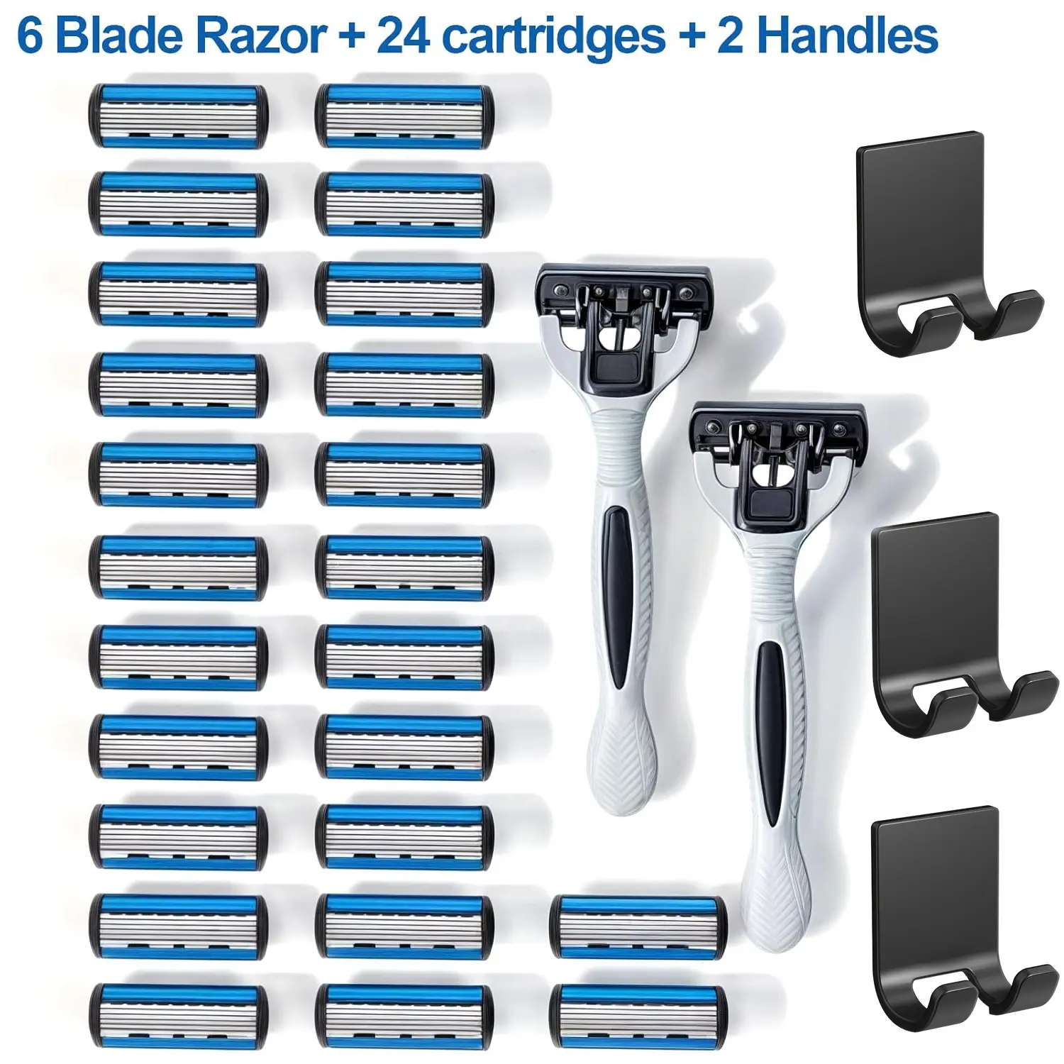 24 stainless steel 6-blade shaving razors, 3 wall-mounted razor holders, for men, beard grooming tools—replaceable blades, 2 non-slip handles—disposable yet reusable manual safety razors, Stainless Steel Shaver, Razors Set
