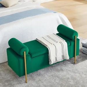 Storage Ottoman Bench, 44” Upholstered Velvet Storage Bench with Golden Legs, Bedroom Bench with Storage and Arms for Home, Bedroom, Entryway, End of Bed (Green, Velvet Fabric)