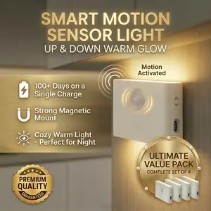 Automatic Motion Sensor Night Light, Rechargeable Magnetic Stick-on Cordless LED Under Cabinet Light, 100+ Days Battery, Warm White for Closet, Hallway, Bedside - 4 Pack