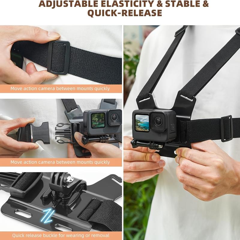 6-in-1 Chest Phone Mount Kit for Sports & Action Cameras, Adjustable Harness Strap for Phone/Osmo Action, Includes Camera Accessories & Device Mount, Hands-Free POV Shooting for Vlogging, Cycling, Hiking