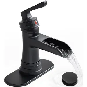 Black Faucet 1 Hole, Brass Waterfall Faucets 3 Hole 4 Inch Single Handle with Pop-up Drain, Deck, Pre-Installed cUPC Hose for Lavatory, Farmhouse, 5 Mins Install