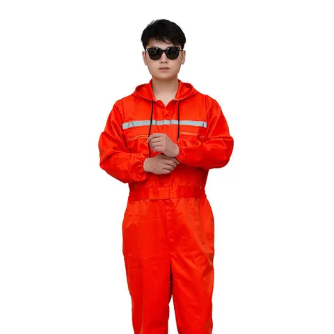 HOMUG Men's Orange Hooded 1-Piece Workwear Uniform Set - Breathable Knitting Normal Type Hook-and-Loop Zipper Pants - Durable Fabric for Mechanical Maintenance, Factory Work - All-Seasons Menswear