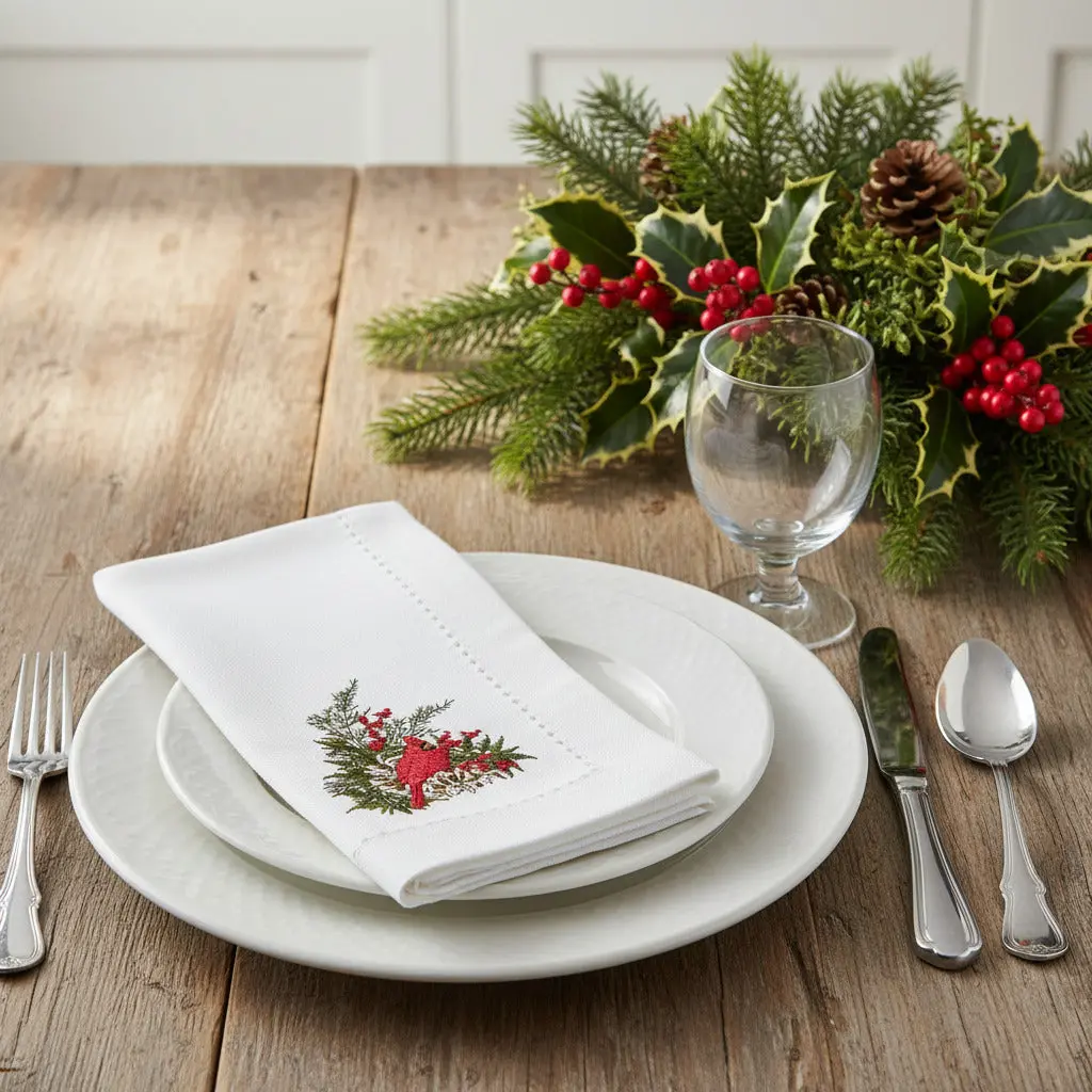 Cardinal Pine Embroidered Napkins