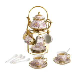 20 Pcs Porcelain Tea Set with Metal Holder European Flower Tea Sets for Adults, Ceramic Tea Party Set European Flower Painting Teapot Cup Saucer Spoon Set for Women, Large Version (Elegant Purple)