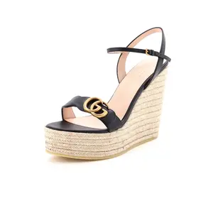 Pre-owned Gucci Women's GG Marmont Wedge Espadrille Sandals Leather by Rebag