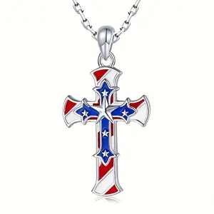 Patriotic American Flag Star Cross Pendant Necklace - Zinc Alloy, Jewelry Design, Religious Women's Fashion Accessory Gift