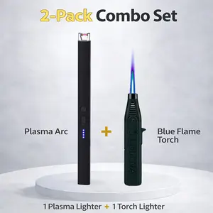 (Butane Not Included) 2pcs Combo Lighters Set - USB Rechargeable Plasma Arc Lighter + Windproof Jet Torch Lighter, Safety Lock, for Candles, Bbq, Camping & Gifts