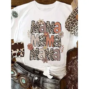 Leopard MAMA Flower Print Women's Solid Color Oversize Round Neck Short Sleeve Simple Tops Daily Casual Summer Modest Tops Casual Women T-Shirt Summer Shirts White