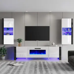VanAcc 3-Piece Modern Wall Unit Entertainment Center Set, High Gloss 70" Fireplace TV Stand with 36" Electric Fireplace, 2 LED Wall Cabinets