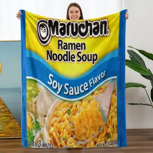 Comfortable Flannel Blanket Maruchan Packaging Theme, Blue Digital Print, Perfect for Living Room and Camping, Ideal Gift