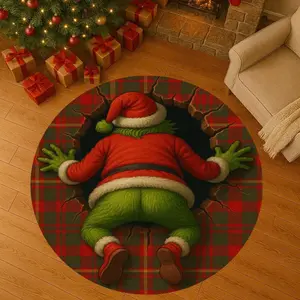 Christmas Theme Vintage Plaid 3D Santa Pattern Large Area Rug, Slip Resistant Washable Soft Carpet for Living Room Bedroom, Decorative Rug
