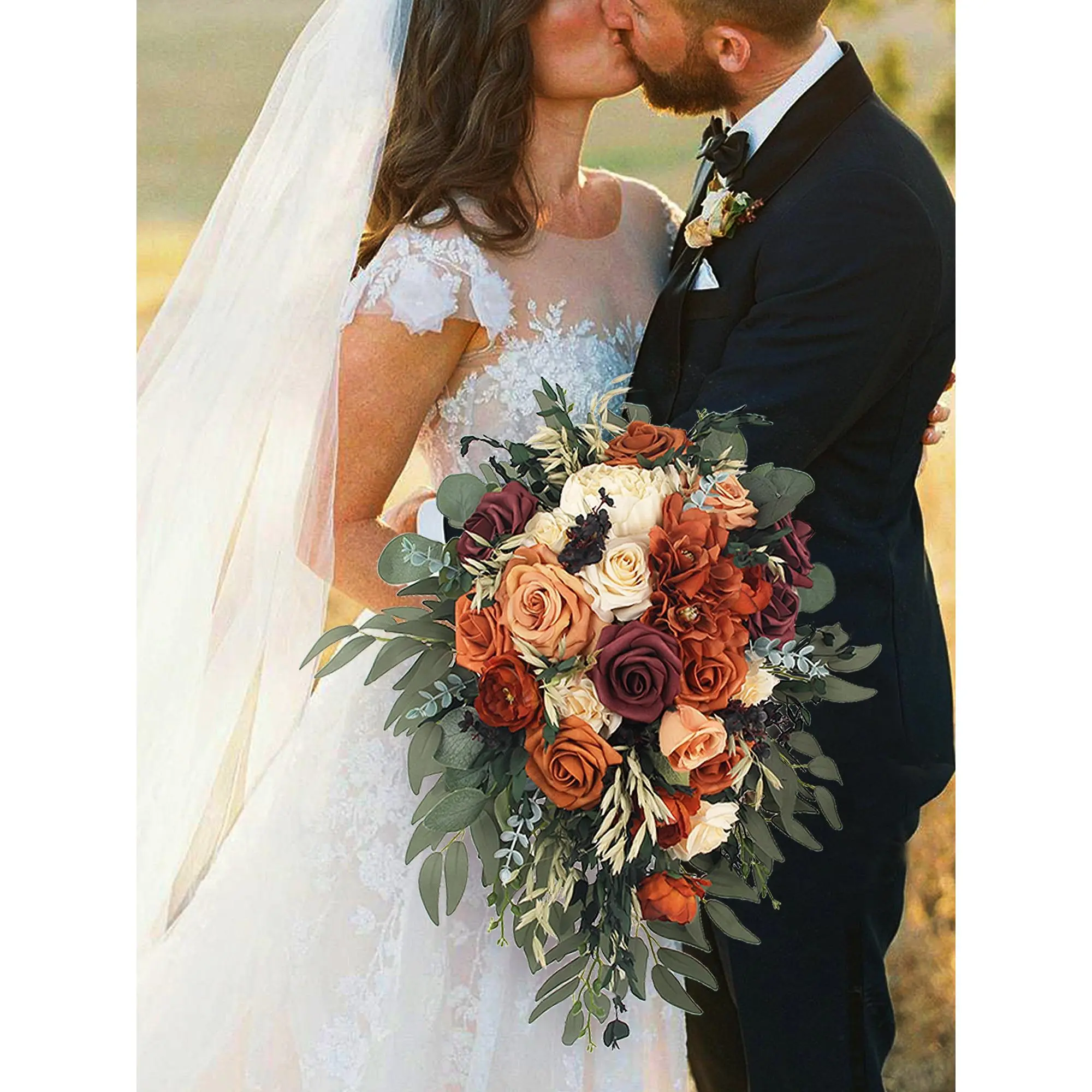 Rinlong 13.7-in Wide Terracotta Cascading Bridal Fake Flower Bouquet, Decor for Wedding Home, with Cream Fake Flower Vine & Plants Accents