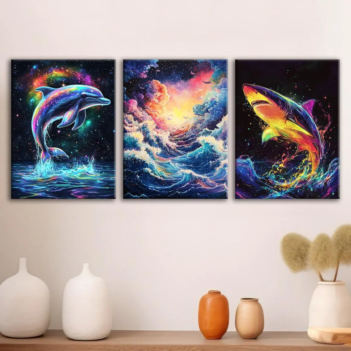 Wooden Framed Canvas Painting, 3 Counts/set Colorful Dolphin Pattern Wall Art, Wall Decor for Home Living Room Bedroom Office, Ornaments, Abstract Pattern Print, Home Decor Products