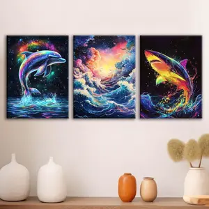 Wooden Framed Canvas Painting, 3 Counts/set Colorful Dolphin Pattern Wall Art, Wall Decor for Home Living Room Bedroom Office, Ornaments, Abstract Pattern Print, Home Decor Products