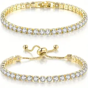 2pcs Tennis Bracelets for Women 14K Golden Plated AAA+ Cubic Zirconia CZ Classic Adjustable Slider Bracelet Fashion  Wedding Gift Size 6.57.5 Inch bracelet stack bracelets for women bracelet men charm bracelet charm bracelets jewelry necklace