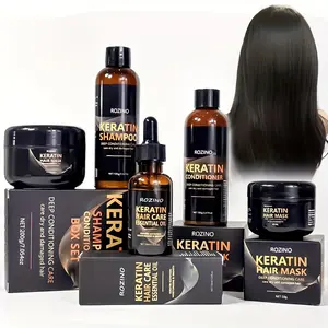 ROZINO 4-Piece Keratin Hair Care Shampoo Set with Deep Conditioning Care for Dry Damaged Hair Includes Shampoo Conditioner Mask & Essential Oil