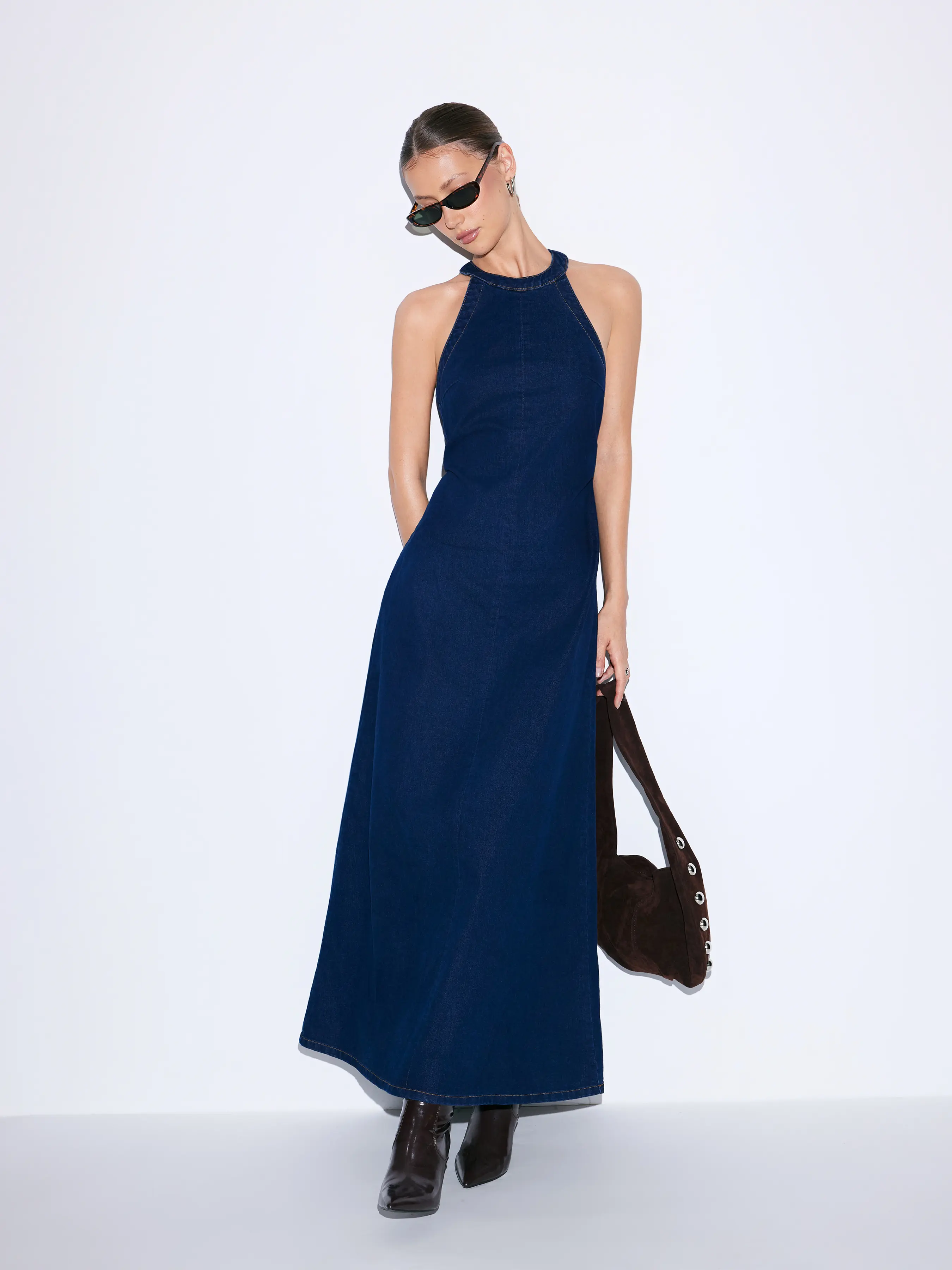 Cider Women's Stretch Washed Denim Maxi Dress, Casual A-line Silhouette with Sleeveless Halter Neck