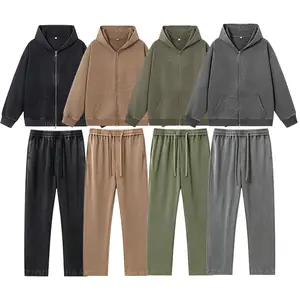 Men’s vintage washed two-piece set: loose zip-up hoodie and elastic-waist drawstring sweatpants; Y2K street casual two-piece set, available in multiple colors. Gray