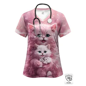Women's 3D Floral & Cat Print V-Neck Scrub Top - Pink Short Sleeve Nurse Uniform with Pockets, Machine Washable Workwear for Healthcare Professionals, Comfortable Fit, Stylish Functional Design, Nursing Apparel, Durable Fabric, Attire