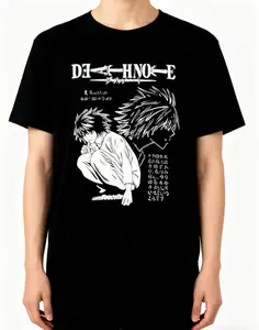 casual black t-shirt "Death Note L & Light" Anime American Retro 100% Cotton Short-Sleeved Crew Neck Unisex T-Shirt, Manga Character Graphic, Vintage Anime Style, Casual Streetwear for Otaku & Mystery Fans Apparel Classic Fitted Green Menswear Oversized