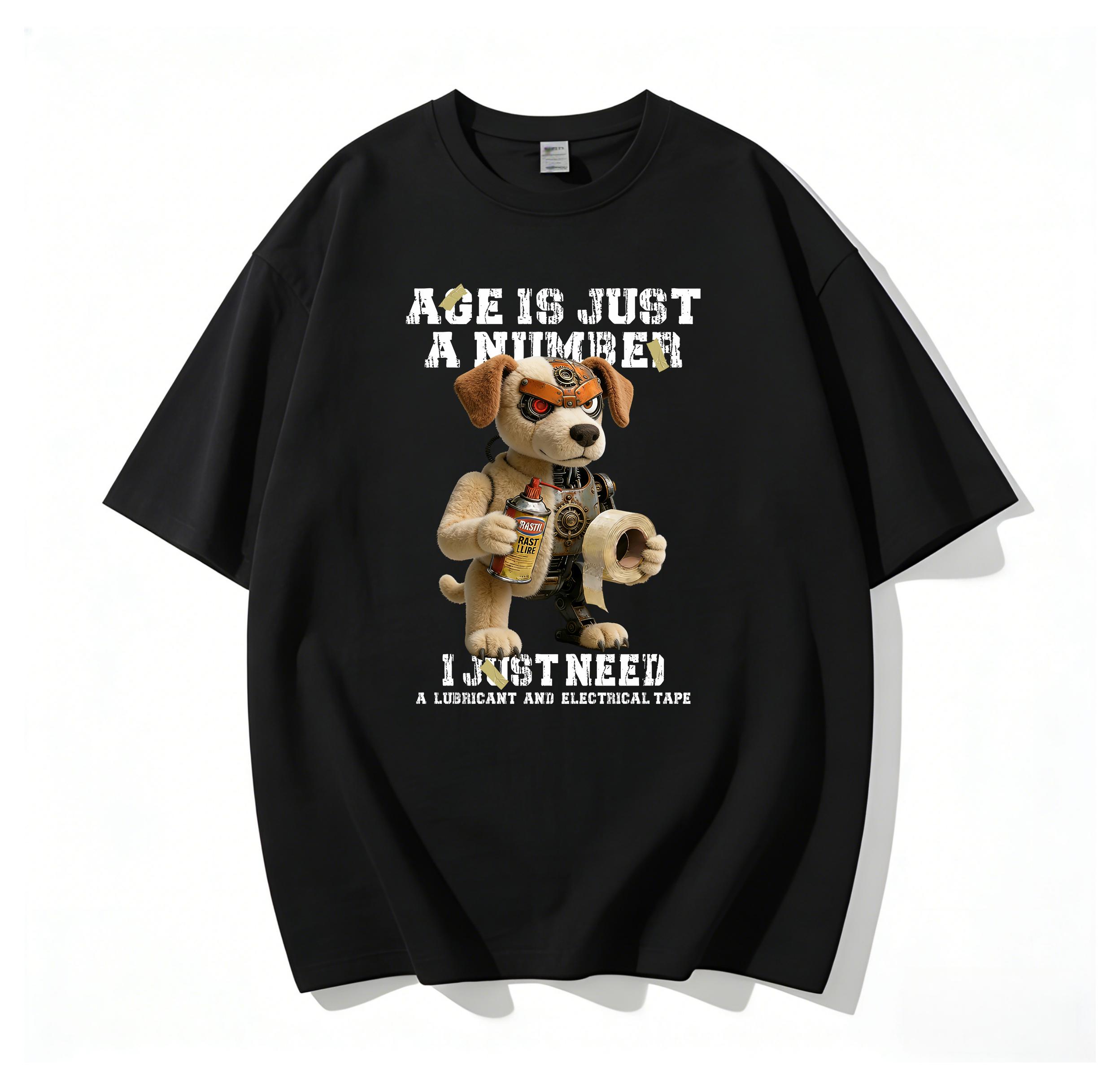 Mechanic Tee for Handyman Dad, Age Is Just A Number Funny Steampunk Dog Graphic T-Shirt, 180g Pure Cotton Unisex Breathable Casual Tee, Father's Day Gift for DIY Lover Mechanic Electrician