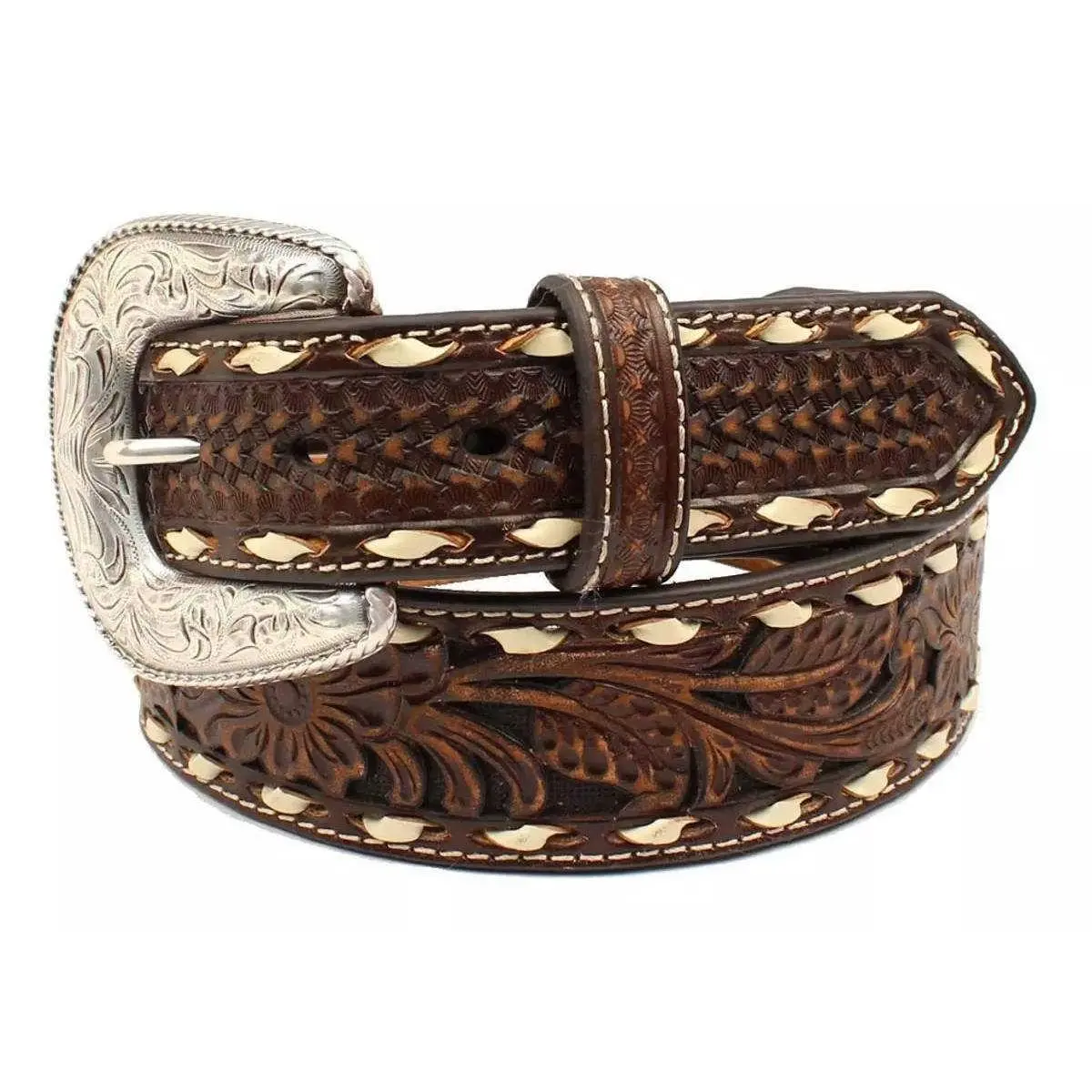 Ariat Men's Leather Floral Embossed Brown Belt