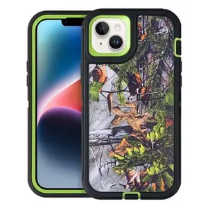 Apple iPhone 14 Plus (6.7) / Apple iPhone 15 Plus (6.7) - Tough Pro Case with Holster Clip - Tree Camo Design on Green PC Hard Cover with Soft Green TPU Bumper