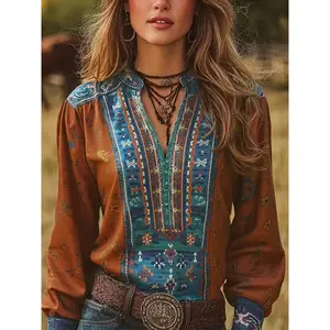 Plus Size - Plus Size - Plus Size Shirt, Western Bohemian Floral V-Neck Long Sleeve Shirt Jacket - Ethnic Paisley And Southwestern Pattern Blouse, All-Season Collar Top for Vacation Wear