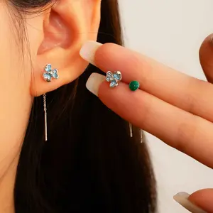 S925 Silver Needle Blue Iris Flower Ear Thread High-end Simple Emerald Earrings Fashion Versatile Hypoallergenic Ear Jewelry