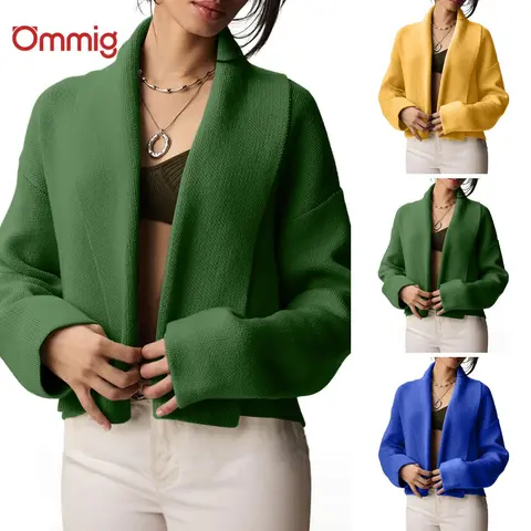 Ommig Women's Long Sleeve Open-Front Cropped Knit Cardigan - Cozy Fashion Soft Sweater for Casual Daily Wear, Work, New Year Outfits