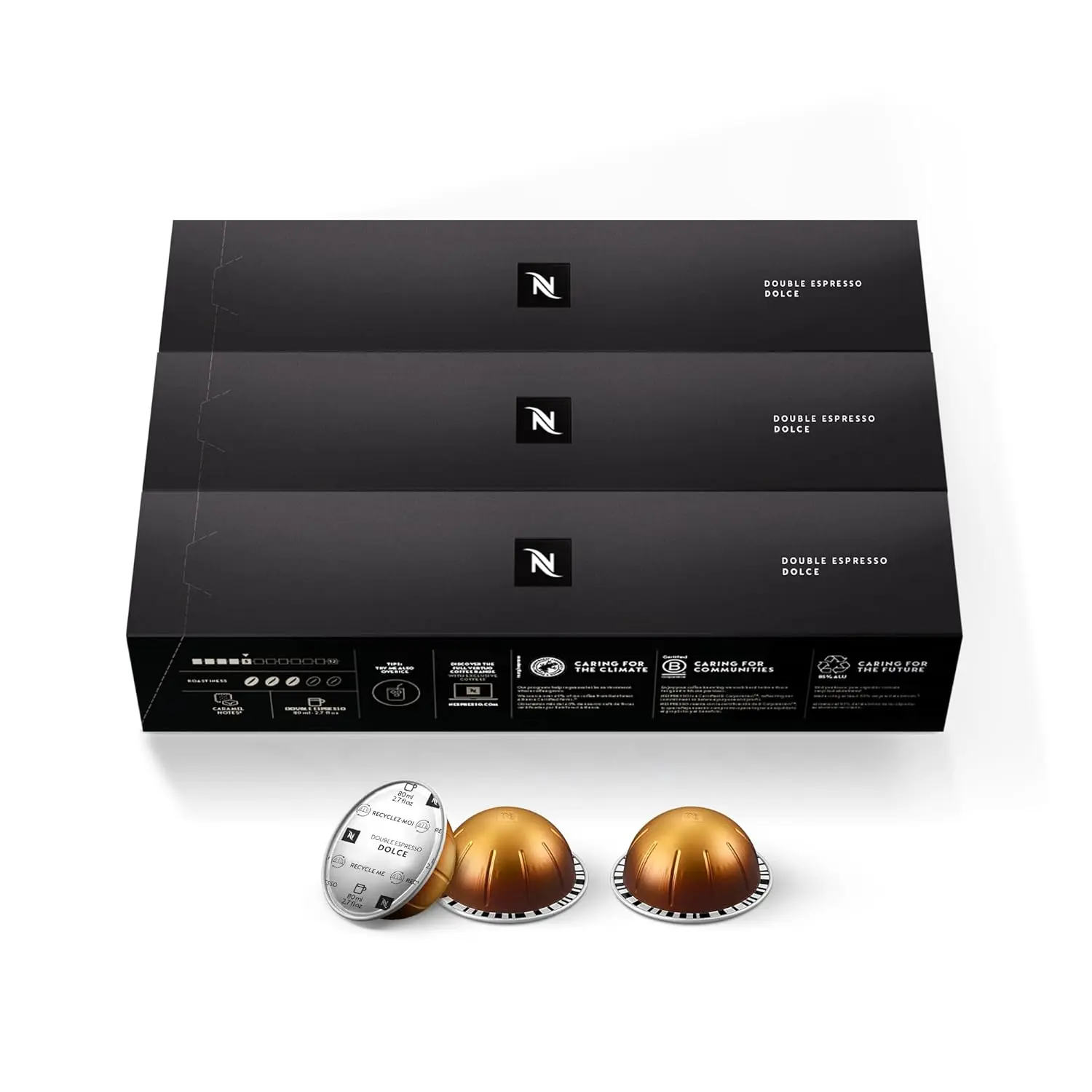 Nespresso Vertuo Arabica Espresso Capsules - Double Espresso Dolce, 30-Count Pods, Brews 2.7 oz. Vegetarian Coffee Drink for Adults, Cupboard-Storable