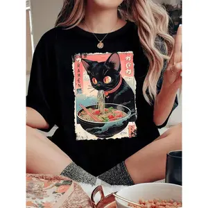 Women's Cartoon Cat & Ramen Print Round Neck Tee, Fashion Casual Drop Shoulder Short Sleeve T-shirt, Ladies Summer Clothes for Daily Wear