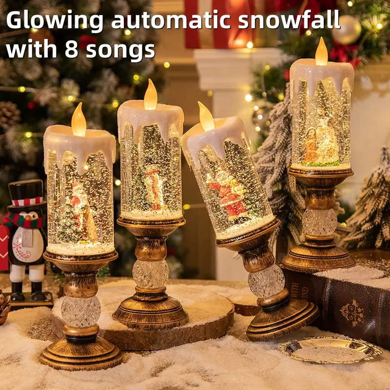 Automatic Snowing Santa Claus Christmas Snowman Candle Lamp Flameless Candle Lamp Come with 8 Songs Christmas Gift Christmas Decoration Indoor Scene Christmas Crystal Lamp Birthday Gift (Automatic Snowfall with Music)