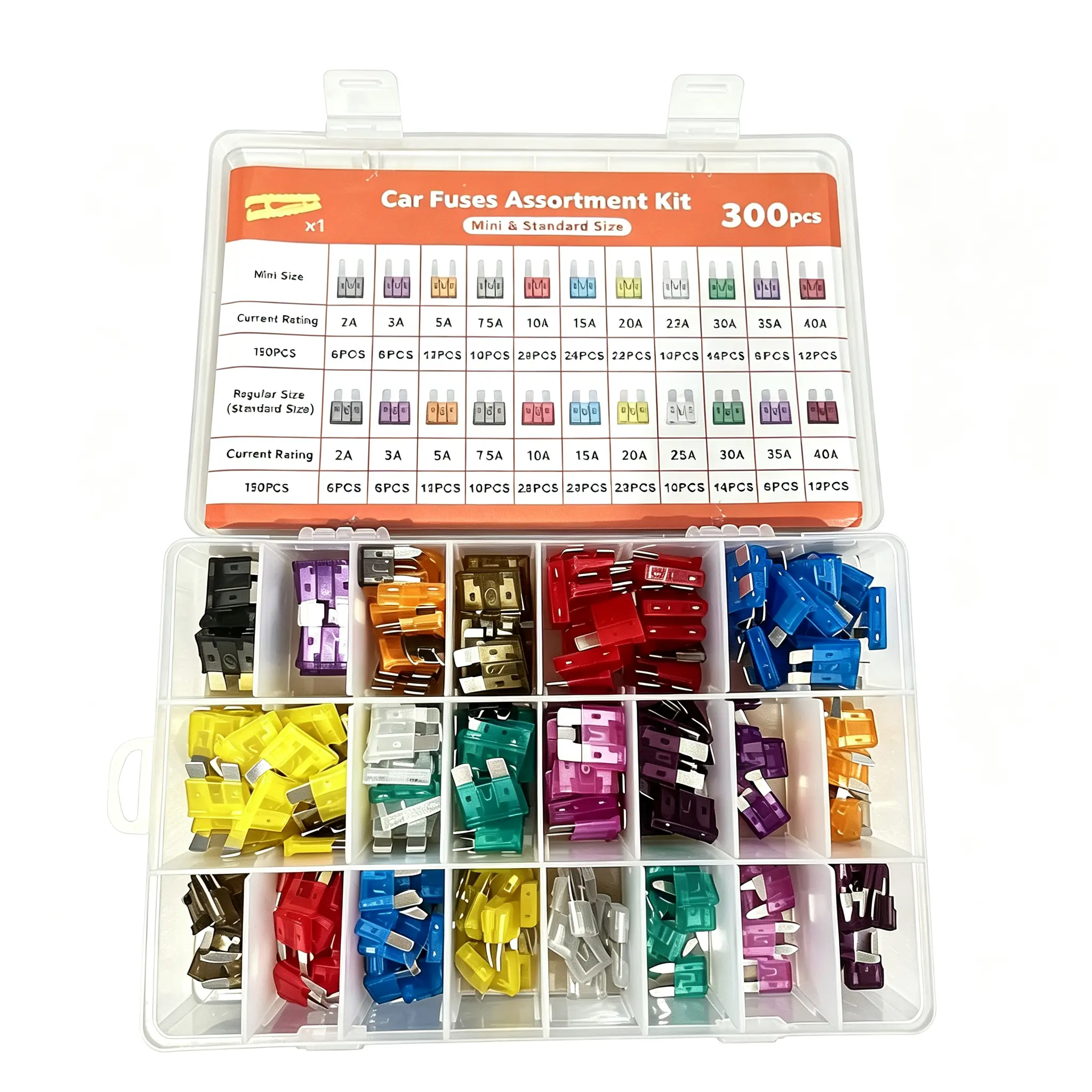 300PCS Durable Car Fuse Replacement Assorted Set - Standard & Mini Blade Fuses, Plastic/Zinc Build, 2A-40A Amps, Includes Puller for Cars/Trucks Auto Repairs