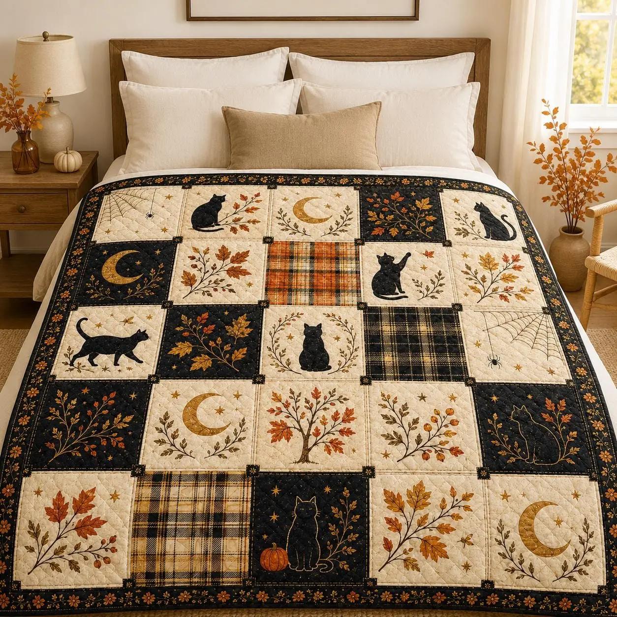 Black Cat Halloween Quilt Blanket, Autumn Patchwork Bedspread, Crescent Moon Spider Web Bedding, Spooky Gothic Fall Bedroom Decor, Cozy Seasonal Throw