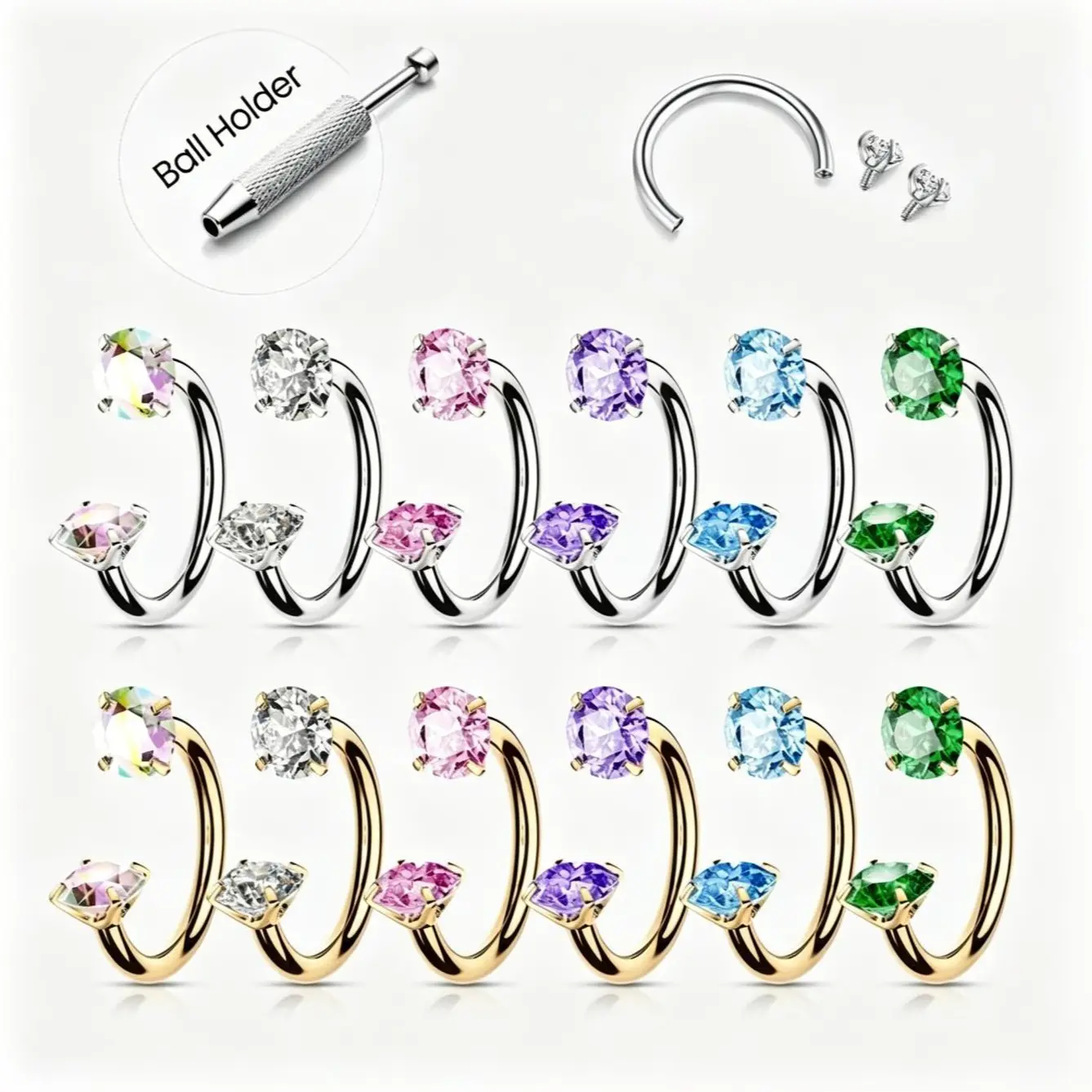 Women's 6pcs 18G 8mm 316L Titanium Steel Horseshoe Nose Rings, Internally Threaded Gem Hoops, Nose Piercing Kit with Guiding Needle, Everyday Fashion Accessories