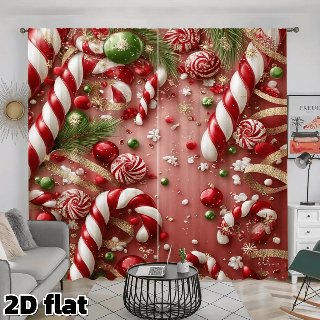2D Flat 2Pcs Festive Candy Cane Pattern Curtains Red White Holiday Theme Rod Pocket Design Semi Sheer Polyester Christmas Decor Suitable for Living Room Bedroom Kitchen Window Treatment Ornament Privacy Protection