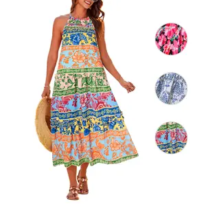 【Runs Large | Size Down】Grace Karin Women's Boho Floral Maxi Dress Spaghetti Strap Smocked Tiered Long Sundress with Pockets
