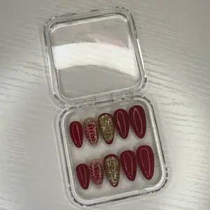 Name Red & Gold Glitter Press-On Nails - 12 Piece Set with Clear Case for Easy Application