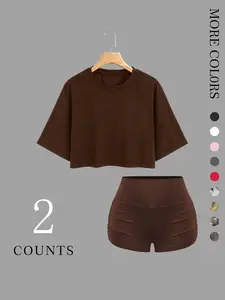 Women's 2-Piece Crop Top & Shorts Set | Oversized short sleeve sporty round neck tee + high-waisted ruched yoga shorts, available in multiple colors, trendy casual outfit perfect for workouts & daily streetwear