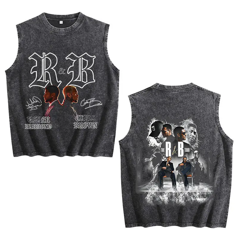 Premium Acid Washed 100 Percent Cotton Unisex Tank Top Retro R&B Music Duo Graphic Tee Urban Hip Hop Soul Vintage Streetwear Sleeveless Shirt Casual Concert Outfit Fashion Gift for Adult Music Fans